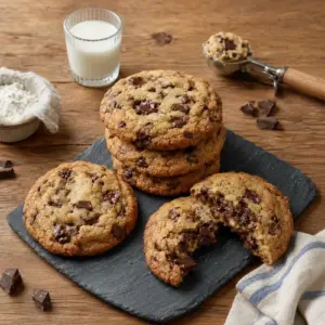 Giant chocolate chip cookies with golden edges and melted chocolate chunks