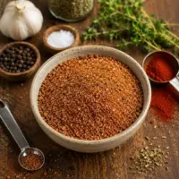 dry spice rub served on a rustic wooden table with smoky barbecue seasoning and herbs