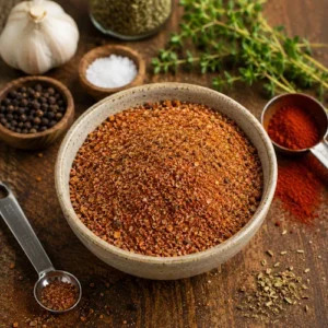 dry spice rub served on a rustic wooden table with smoky barbecue seasoning and herbs