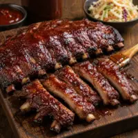 smoky BBQ ribs served on a rustic wooden table with tender barbecue baby back ribs