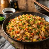 Teppanyaki Chicken Fried Rice served in a bowl with fluffy eggs, vegetables, grilled chicken, and sliced green onions.