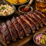 applewood smoked ribs served on a rustic wooden table with smoky barbecue pork ribs