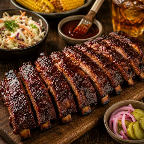 applewood smoked ribs served on a rustic wooden table with smoky barbecue pork ribs