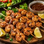 BBQ shrimp skewers served on a rustic wooden table with juicy grilled shrimp and lemon wedges