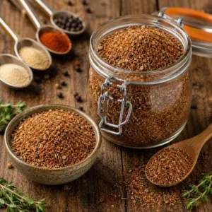 Cajun Blackening Seasoning in a glass spice jar with paprika, garlic, herbs, and cayenne on a wooden table.