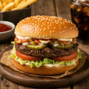 Famous Star Copycat burger with grilled beef, lettuce, tomato, pickles, onions, and burger sauce on a sesame bun.