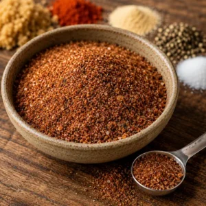 Carolina BBQ rub and homemade barbecue rub served on a rustic wooden table in a small spice bowl