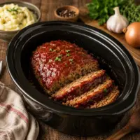 Crockpot Meatloaf sliced and topped with a rich ketchup glaze, served with mashed potatoes and vegetables.