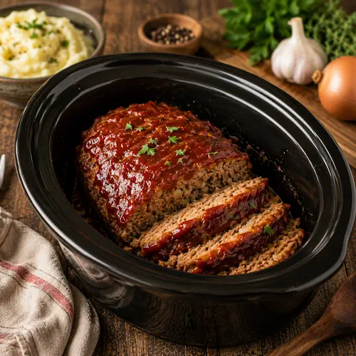Crockpot Meatloaf sliced and topped with a rich ketchup glaze, served with mashed potatoes and vegetables.