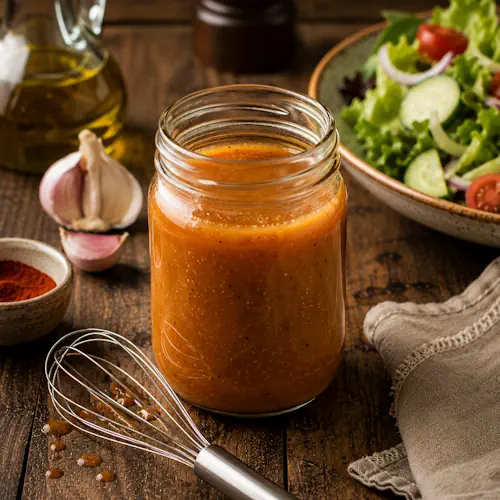 Classic French Dressing in a glass jar with a smooth, creamy texture, ready for salads and vegetables.