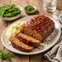 Classic Homemade Meatloaf sliced and served with mashed potatoes and vegetables on a rustic dinner plate.