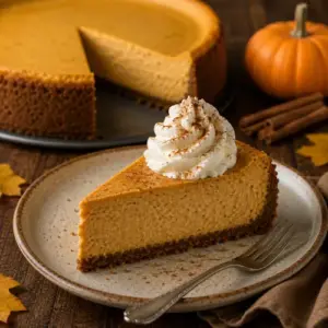 Pumpkin Cheesecake topped with whipped cream and cinnamon on a rustic wooden table.