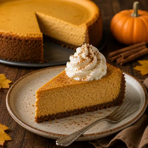 Pumpkin Cheesecake topped with whipped cream and cinnamon on a rustic wooden table.