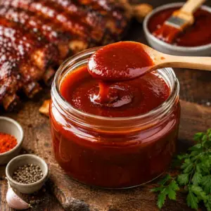 Tennessee BBQ Sauce served in a rustic bowl with a basting brush beside grilled barbecue favorites.