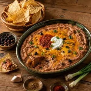 Slow cooker bean dip topped with Cheddar cheese, green onions and diced tomato