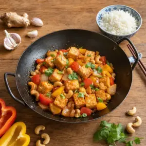 Sweet and sour tofu with toasted cashews, red bell pepper and onion in a glossy sauce