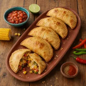 Fiery corn pepper empanadas served warm with fresh salsa and lime wedges
