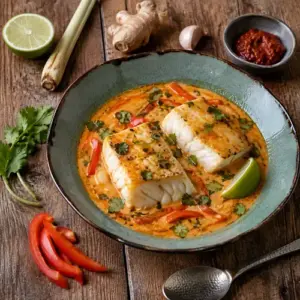 Fiery Thai coconut cod served in spicy curry broth with bell pepper, cilantro, lime, and jasmine rice