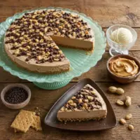Frozen peanut butter pizza topped with chocolate chips and chocolate drizzle