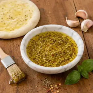 Garlic pizza oil in a small bowl with fresh garlic, dried herbs and red pepper flakes