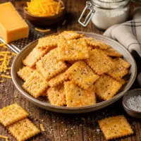 Cheese Crackers freshly baked until golden brown and served in a rustic bowl on a wooden table.