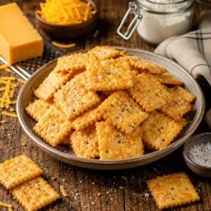 Cheese Crackers freshly baked until golden brown and served in a rustic bowl on a wooden table.