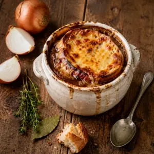 Gruyère French onion soup topped with toasted baguette and melted cheese