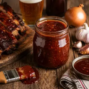 Beer BBQ Sauce served in a rustic bowl with a basting brush beside grilled barbecue favorites.