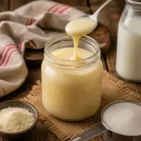 Homemade Sweetened Condensed Milk in a glass jar ready for baking and dessert recipes.