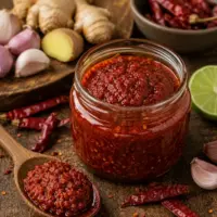 Thai Chili Paste made with dried chilies, garlic, ginger, and lime served in a rustic bowl.