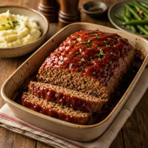 Boston Meatloaf topped with a rich tomato glaze and sliced on a serving platter with mashed potatoes and green beans.