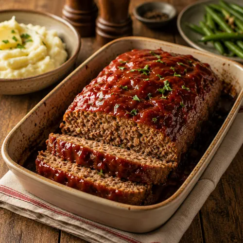 Boston Meatloaf topped with a rich tomato glaze and sliced on a serving platter with mashed potatoes and green beans.