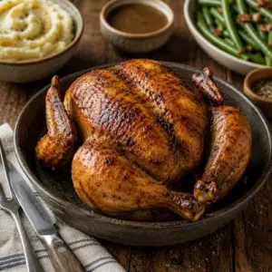Rotisserie Chicken with crispy golden skin served on a platter with roasted vegetables.