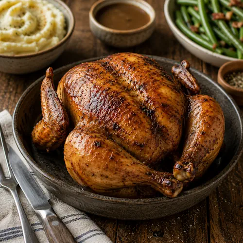 Rotisserie Chicken with crispy golden skin served on a platter with roasted vegetables.