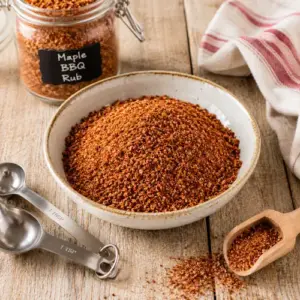 Maple Barbecue Rub in a rustic glass jar with paprika, garlic powder, and barbecue spices on a wooden table.