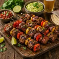 Marinated Steak Kabobs with grilled steak, colorful peppers, and onion served on skewers fresh from the barbecue.