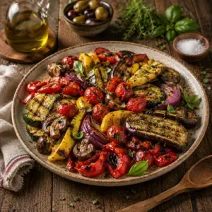 Mediterranean Grilled Vegetables with zucchini, eggplant, peppers, and red onion fresh from the grill on a rustic platter.