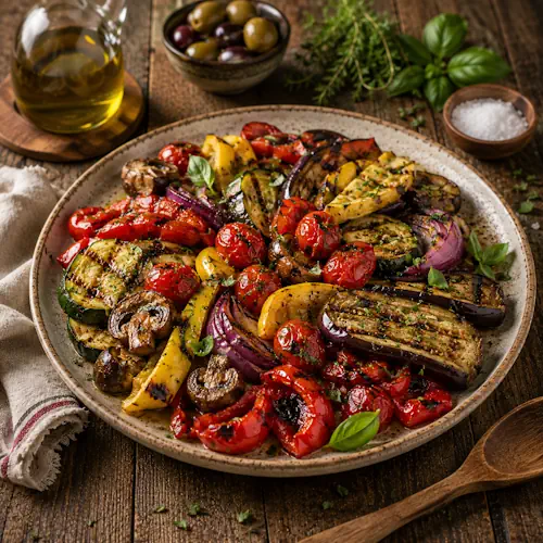 Mediterranean Grilled Vegetables with zucchini, eggplant, peppers, and red onion fresh from the grill on a rustic platter.