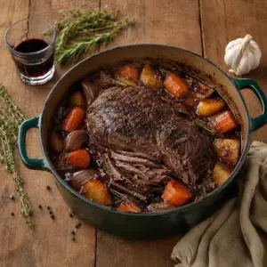 Red wine pot roast with tender beef, potatoes and carrots in an aromatic spiced sauce