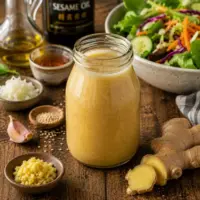 Japanese Ginger Dressing served in a glass bowl with a fresh green salad on a wooden table.