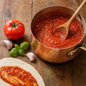 Rustic Italian pizza sauce in a bowl with crushed tomatoes, garlic, oregano and fresh basil