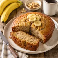 Slow Cooker Banana Bread sliced on a rustic wooden board with ripe bananas and butter.