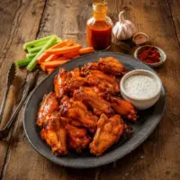 Slow cooker buffalo wings with tangy dipping sauce, celery sticks and carrots
