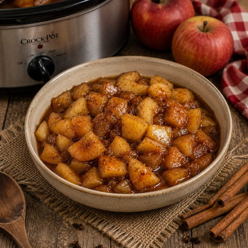 Stuffed Spiced Apples with oats cinnamon walnuts and raisins served warm from the slow cooker.