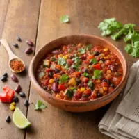 Veggie bean chili with black beans, kidney beans, corn, zucchini and fresh cilantro