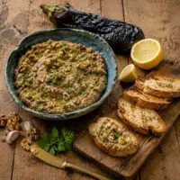 Smoky walnut eggplant dip served with toasted pita, walnuts, parsley, and fresh vegetables