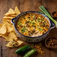 Spicy sausage taco dip topped with melted cheese, sliced jalapeños and green onions