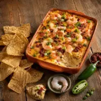Spicy shrimp bacon dip topped with melted cheese, crispy bacon and sliced jalapeños