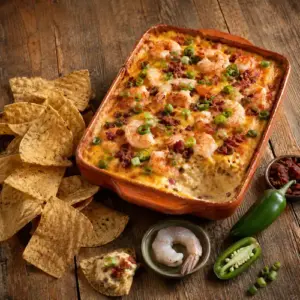 Spicy shrimp bacon dip topped with melted cheese, crispy bacon and sliced jalapeños