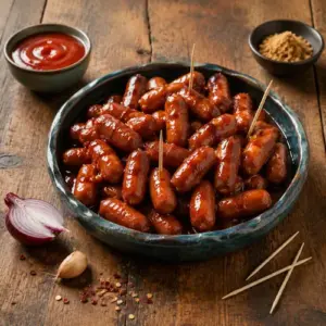 Sweet-and-sour cocktail sausages coated in a glossy sticky sauce